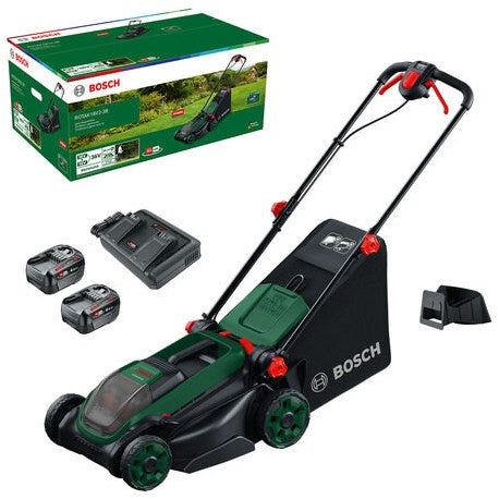 Bosch tondeuse à batterie verte rotak 18v2-38 | y compris 2 batteries Li-ion 18 V (4,0 Ah) + 2 chargeurs 18 V-88 + prise mulch - 06008b9m00