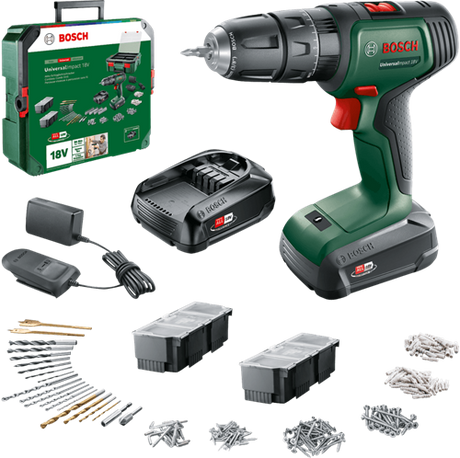 Bosch groen universalimpact 18v | accuklopboorschroevendraaier | 2 x 1.5 ah accu + lader | + systembox 06039d4103