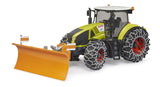 Tracteur Bruder Claas Axion 950 avec chaînes à neige et lame de charrue