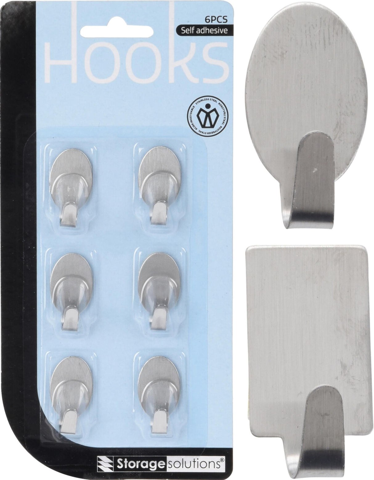 Solutions de rangement crochets adhésifs inox 6 pièces sur carte