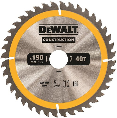 Accessoires Dewalt lame de scie circulaire 190x30x40t, positif 10°, encoche 2,6mm - dt1945-qz
