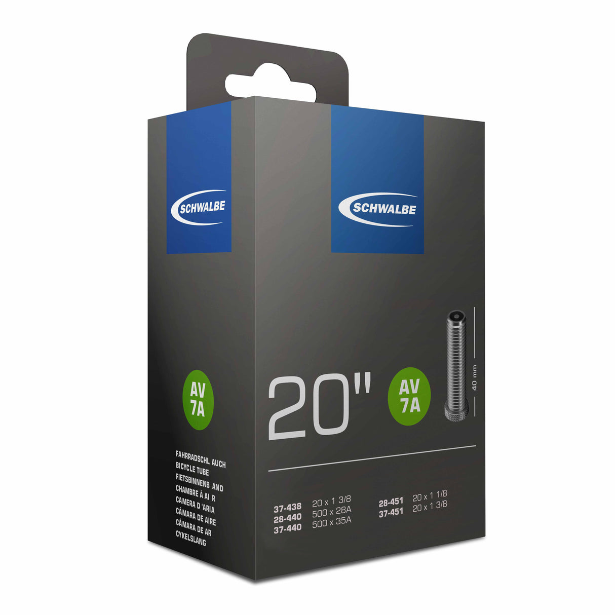 Tube intérieur de Schwalbe av7a 20 pouces 20x1 3 8 28 37-438-451 AV 40 mm