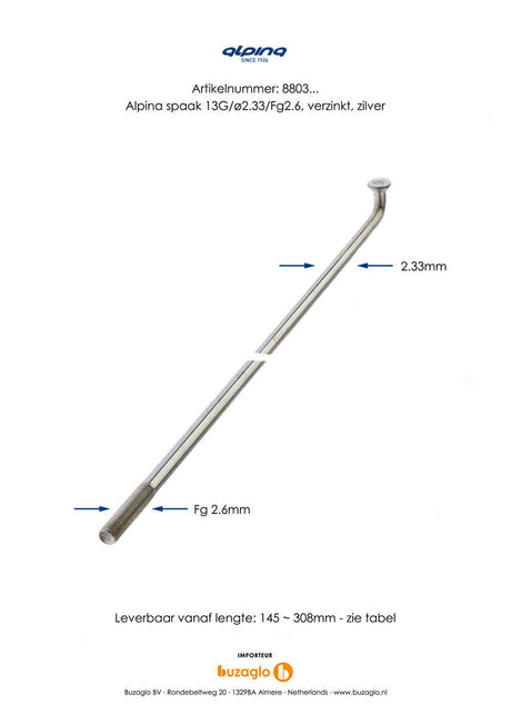 Alpina Spaken 13g (2,34 mm) 230 mm de zinc (P36)