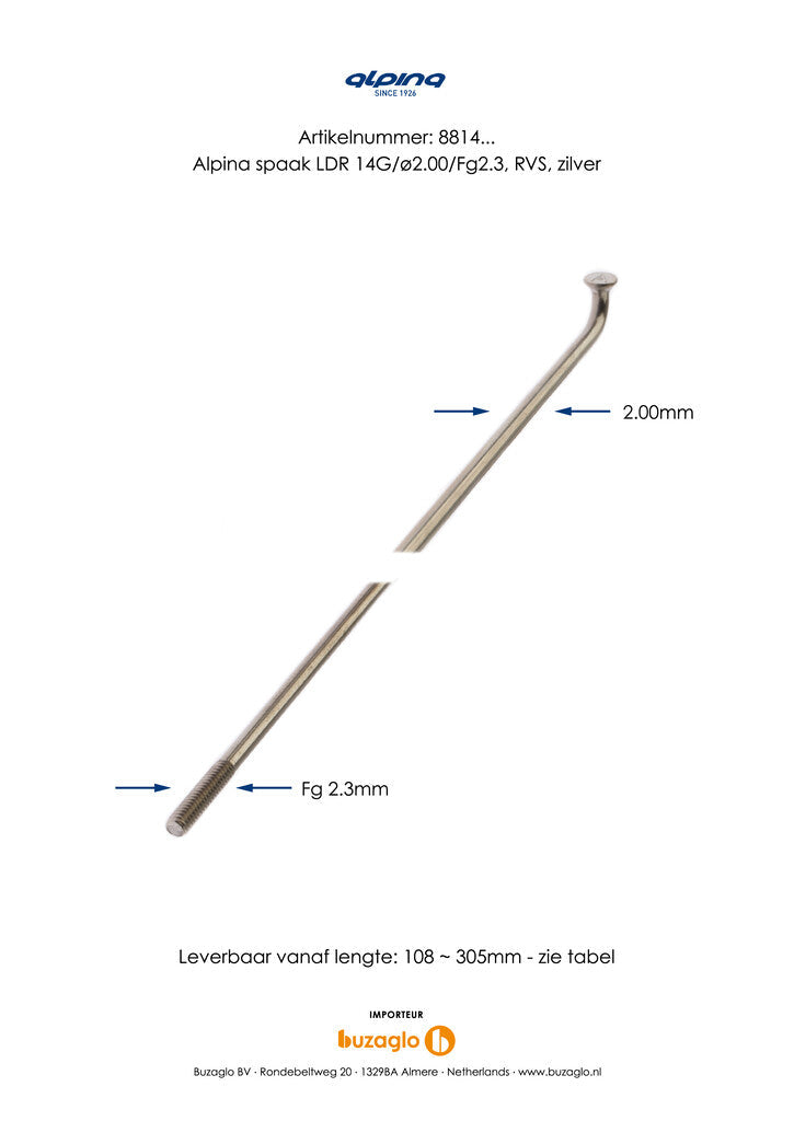 Rayons Buzaglo 286-14 alpina ø2,00mm fg 2.3 acier inoxydable - argent (144 pièces) 1