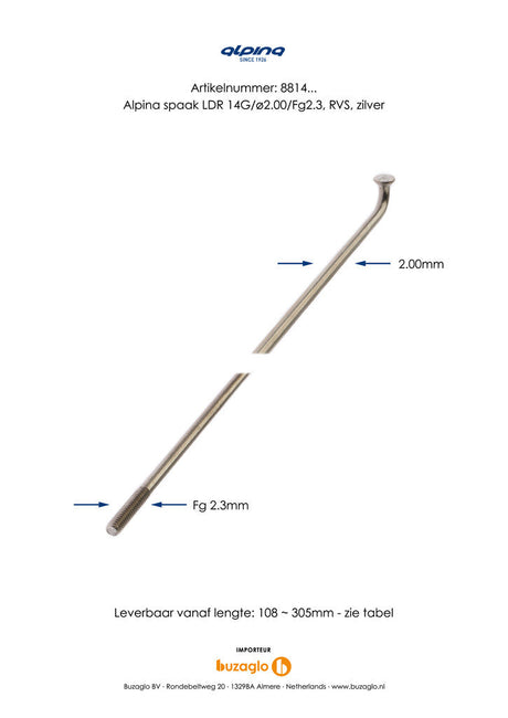 Rayons Buzaglo 286-14 alpina ø2,00mm fg 2.3 acier inoxydable - argent (144 pièces) 1