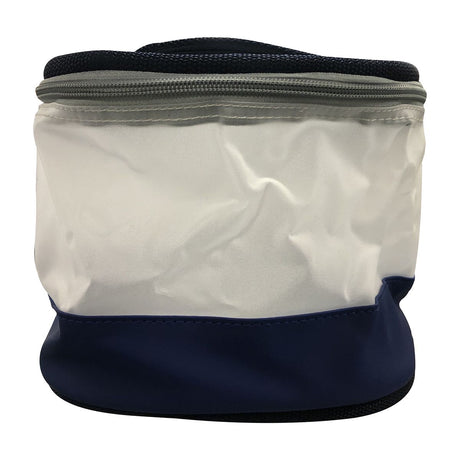 Pochette de coiffure ronde bleue et blanche avec anse