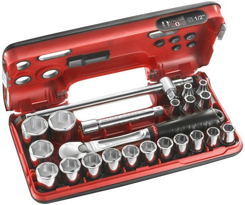 Facom coffret compact 1 2''6 faces à cliquet avec tête anti-poussière - poignée coulissante - sl.dbox4