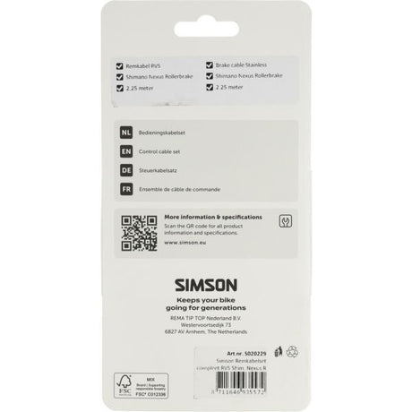 Simson remkabelset compleet rvs shim. nexus rollerbr. zwart
