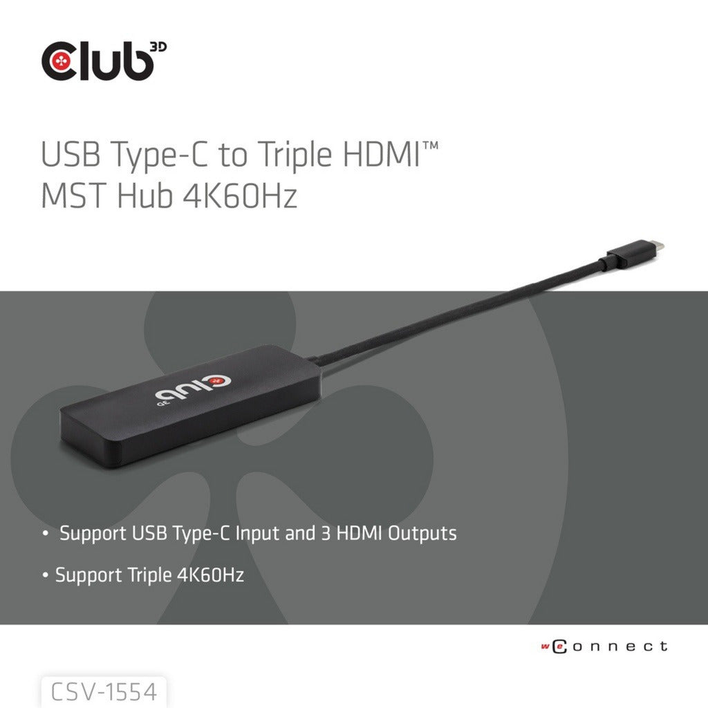 Adaptateur Club 3D USB-C vers Triple HDMI MST Hub 4K60Hz (Noir)