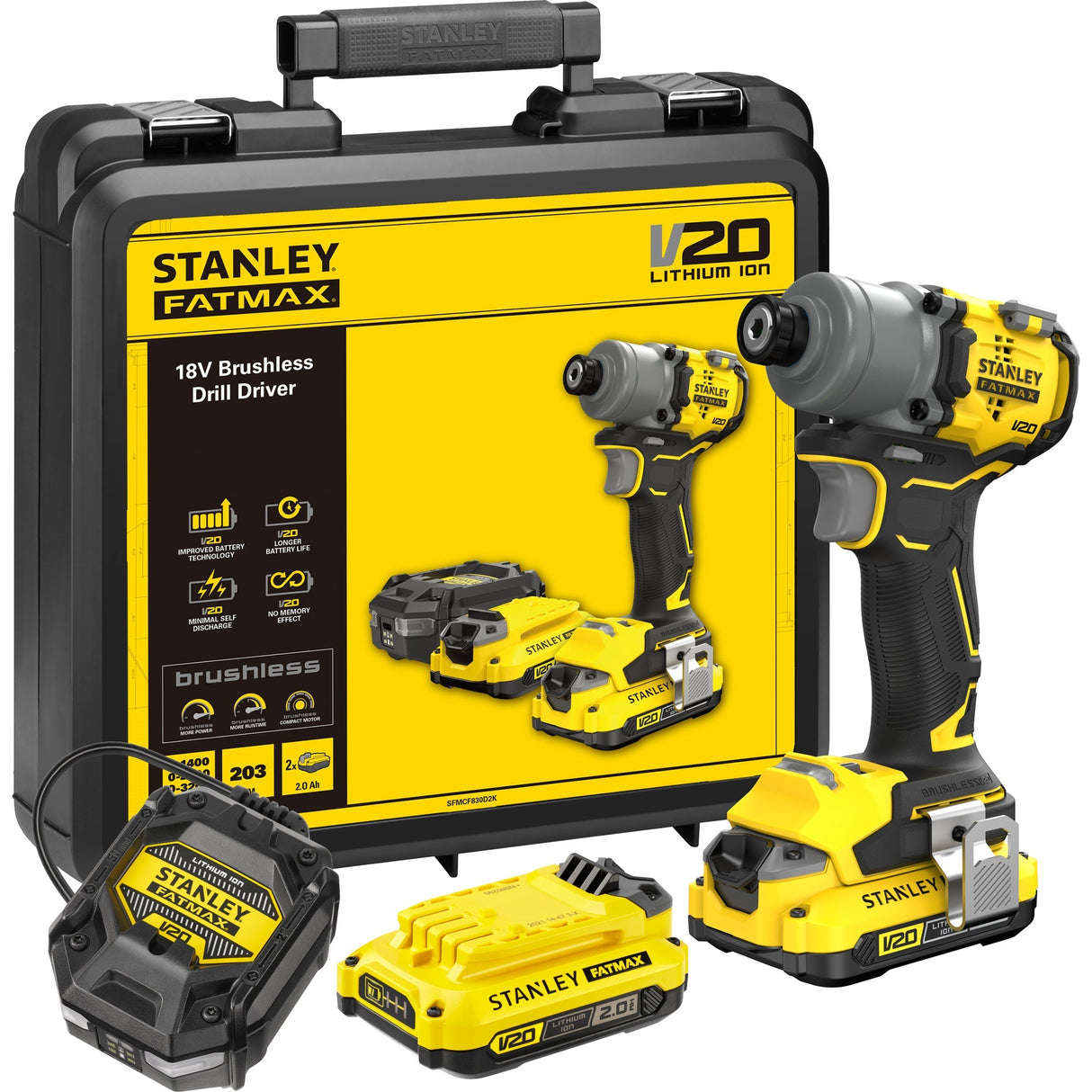Visseuse à percussion sans balais Stanley v20 18v (jaune noir, étui, 2 batteries et chargeur inclus)