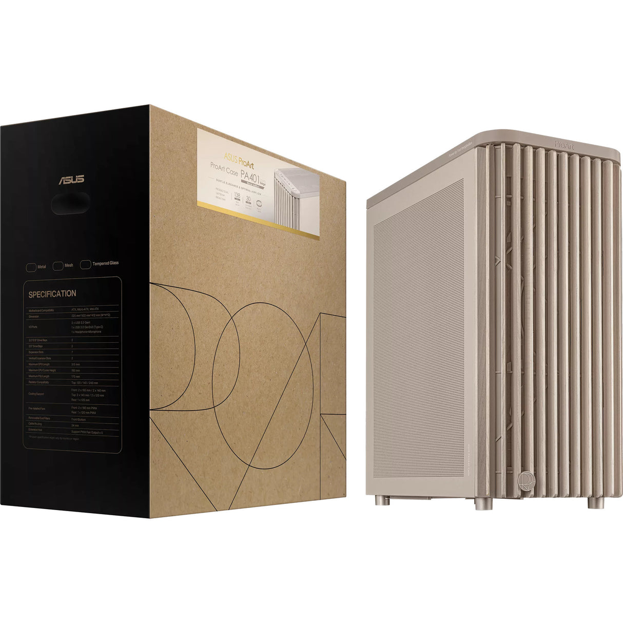 Asus proart pa401 wood edition - mesh panel midi tower behuizing (beige houtkleur | 2x usb-a | 1x usb-c)