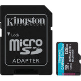 Toile Kingston, c'est parti ! plus carte mémoire microSDXC 128 Go (noire, avec adaptateur, classe 10, UHS-I U3, V30, A2)