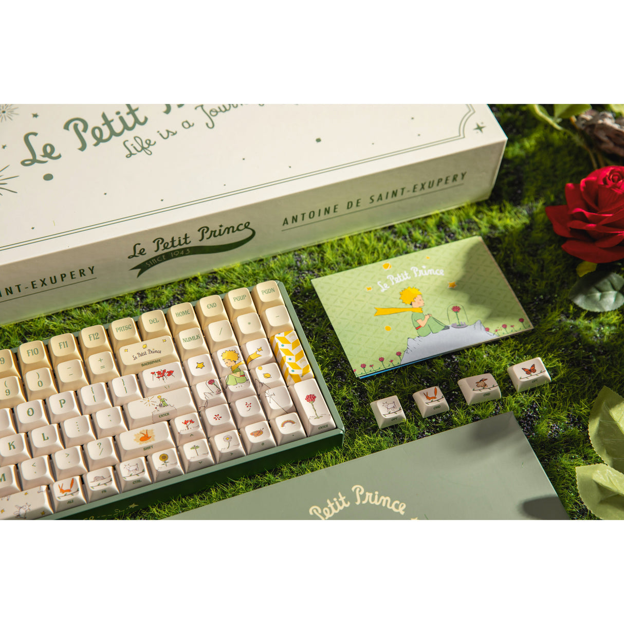 Clavier de jeu mécanique RVB Iqunix f97 floral date (vert, disposition américaine (qwerty), iquunix petit prince, 96 %, LED RVB, remplaçable à chaud, pbt, 2,4 GHz | Bluetooth 5.1 | USB-C)