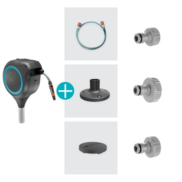 Enrouleur de tuyau enroulable Gardena pour tuyau de terrasse (gris turquoise, 20 mètres, avec seringue de nettoyage)