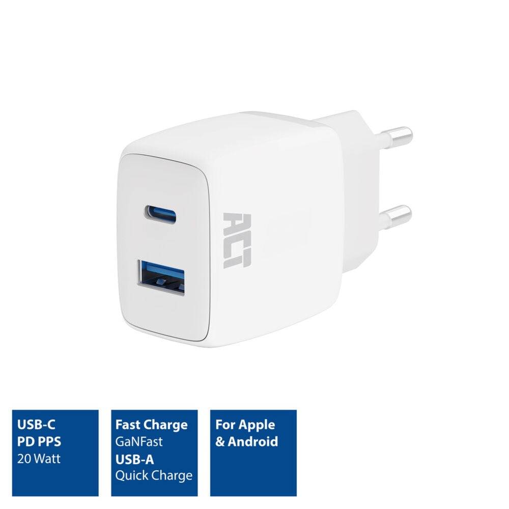 Act usb-c usb-a chargeur 20w pd pps, charge rapide, ganfast