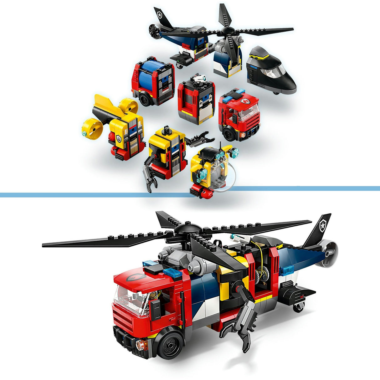 Lego city 60462 remix d'un hélicoptère, d'un camion de pompiers et d'un sous-marin