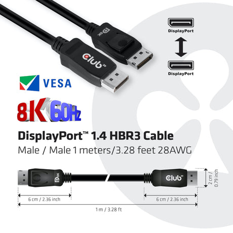 Câble Club 3D DisplayPort 1.4 certifié Vesa mâle-mâle (noir, 1 mètre, 8K 60Hz ou 2x 4K 60Hz, 32,4Gbps)