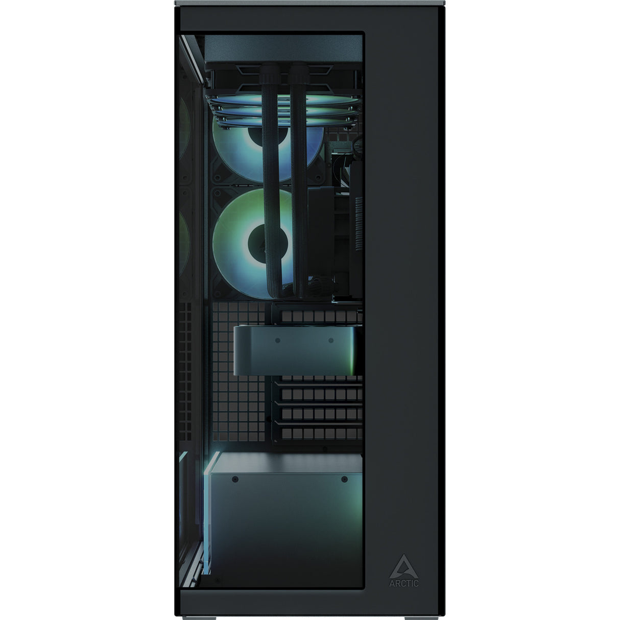 Boîtier tour midi Arctic xtender vg (noir (mat) | 2x USB-A | 1x USB-C | RVB | verre trempé)