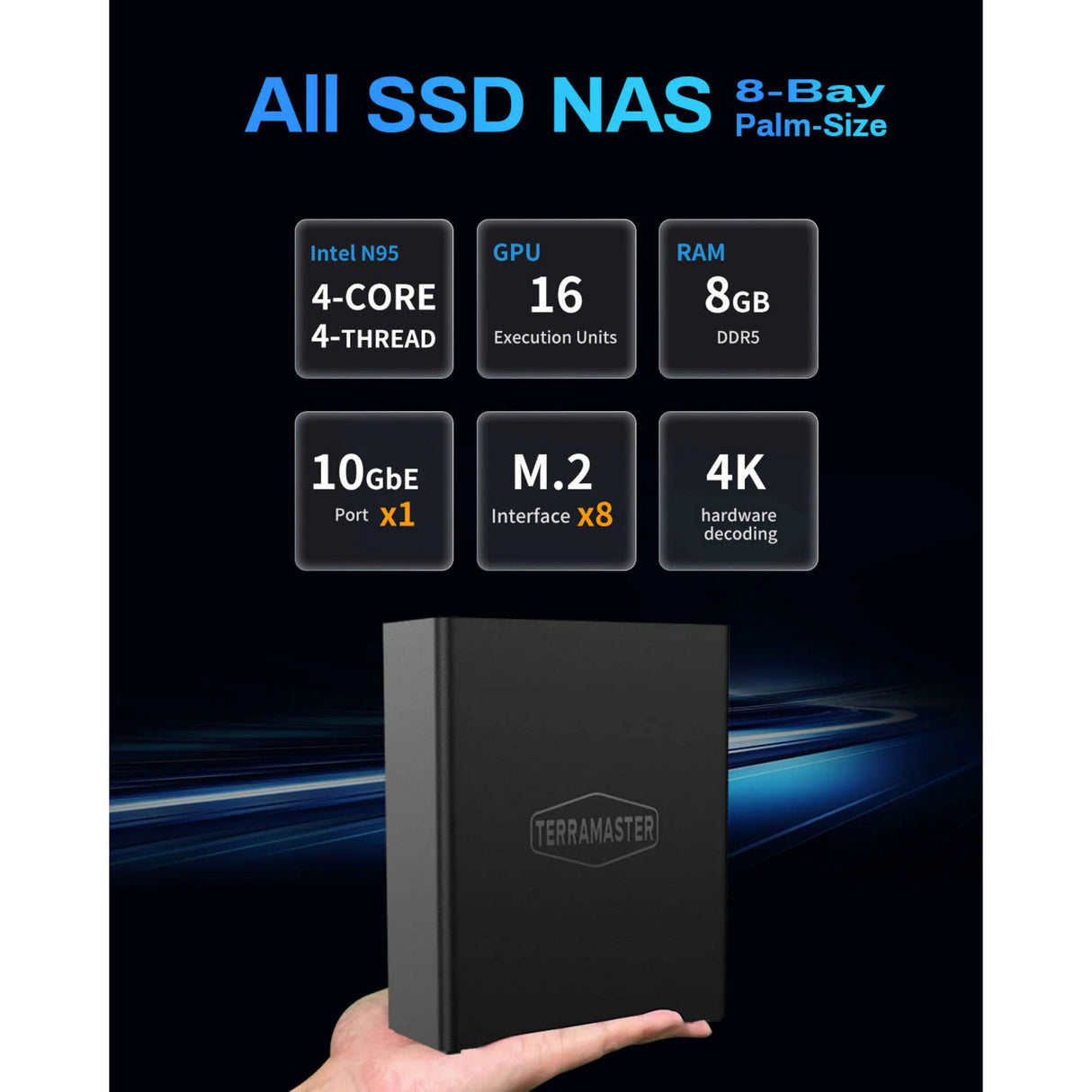 NAS SSD Terramaster f8 (noir, 1x 10GBE, HDMI, USB)