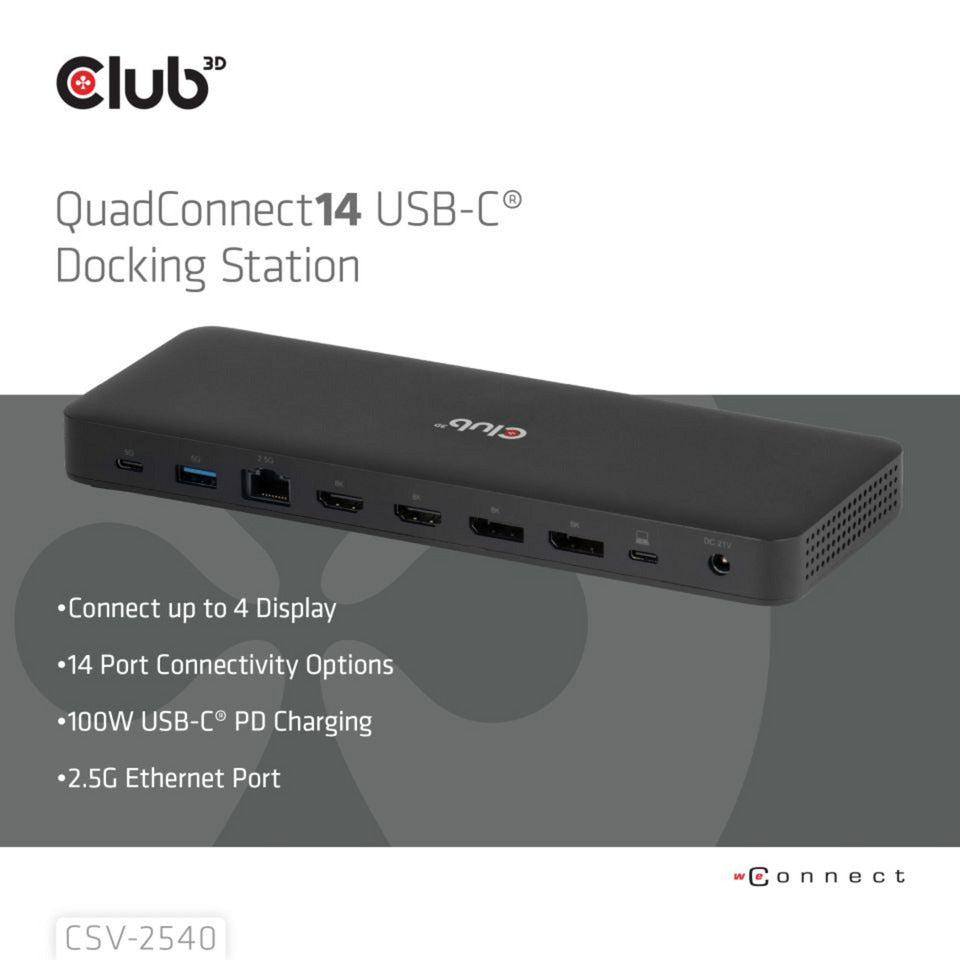Station d'accueil à quatre écrans USB-C Club 3D 14-1 (noir)