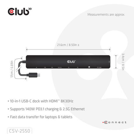 Club 3d 10-1 station d'accueil portable usb type-c 10gbps vers hdmi 8k30hz pd3.1 station d'accueil max.140 watts (noir, hdmi, usb-c, lan)