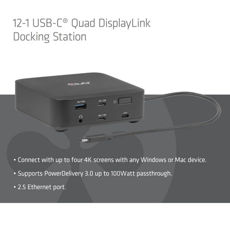 Club 3d 12-1 usb-c® quad displaylink dockingstation (zwart)