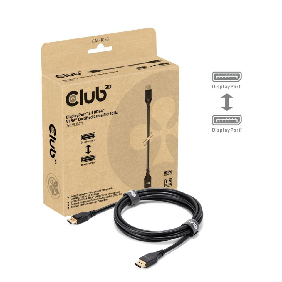 Câble certifié Club 3D DisplayPort 2.1 Vesa DP54 mâle-mâle (noir, 3 mètres, 4K 240 Hz, 8K 120 Hz, 54 Gbps)