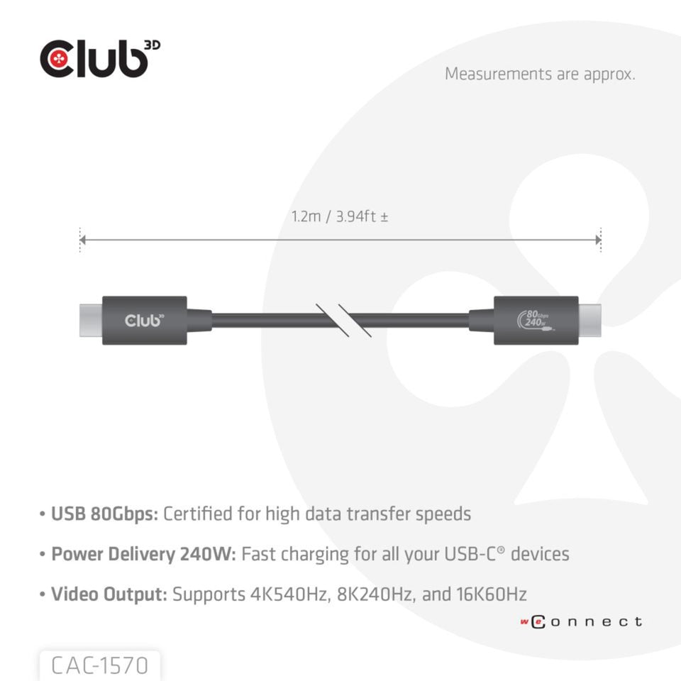 Club 3d USB-C 80 Gbit/s certifié 240 W 8 K 240 Hz.
