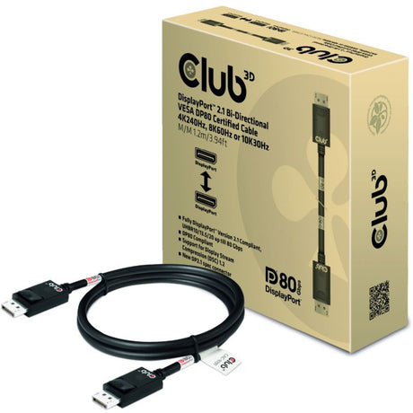 Club 3D DisplayPort 2.1 Câble certifié Vesa DP80 mâle-mâle (noir, 1,2 mètre, 4K 240 Hz, 8K 60 Hz, 80 Gbit/s)
