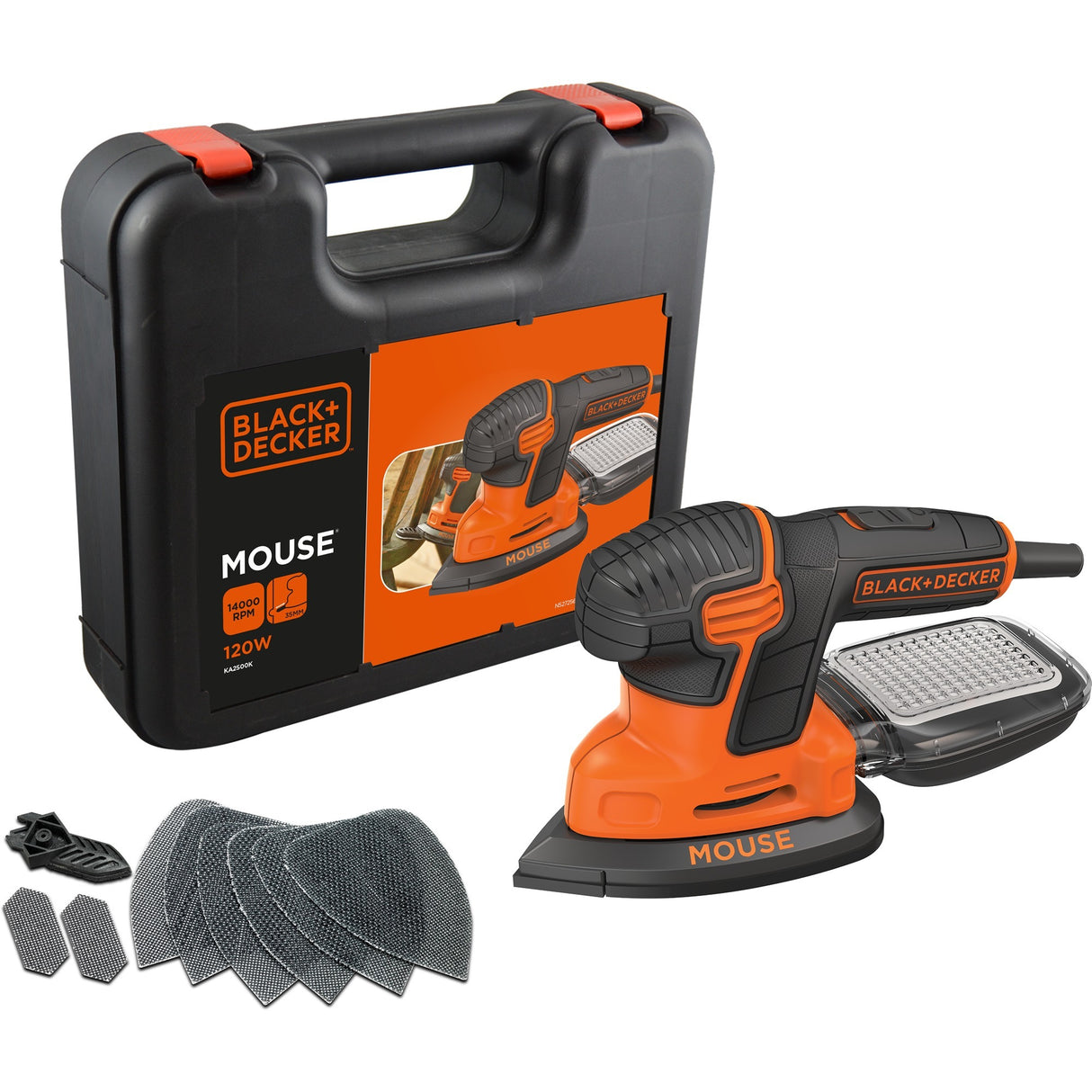 Ponceuse de détail de souris Black+decker 120 watts ponceuse delta ka2500k-qs (orange noir, accessoires et étui inclus)