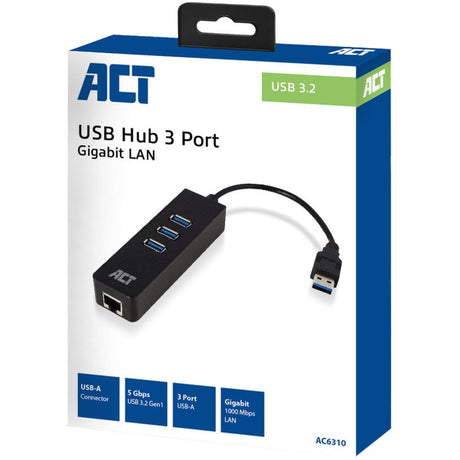 Act Connectivity ac6310 Hub USB 3.2 avec 3 ports USB-A et hub USB Ethernet (noir)