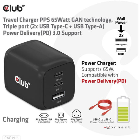 Club 3d chargeur de voyage 65w gan (noir)
