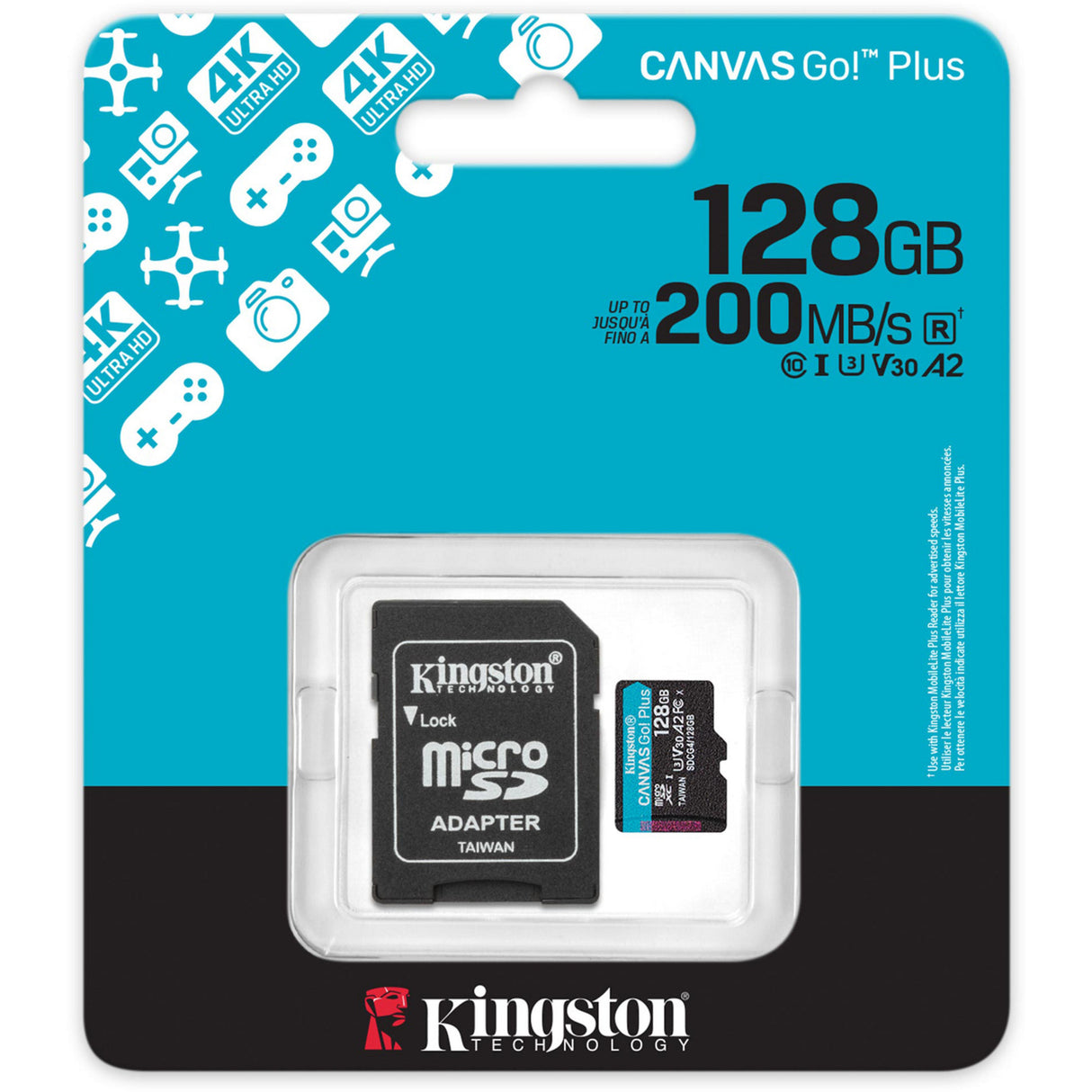 Toile Kingston, c'est parti ! plus carte mémoire microSDXC 128 Go (noire, avec adaptateur, classe 10, UHS-I U3, V30, A2)