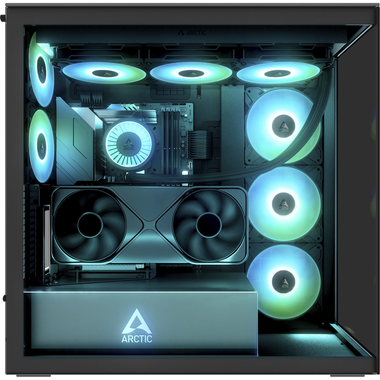 Boîtier tour midi Arctic xtender vg (noir | 2x USB-A | 1x USB-C | RVB | verre trempé)