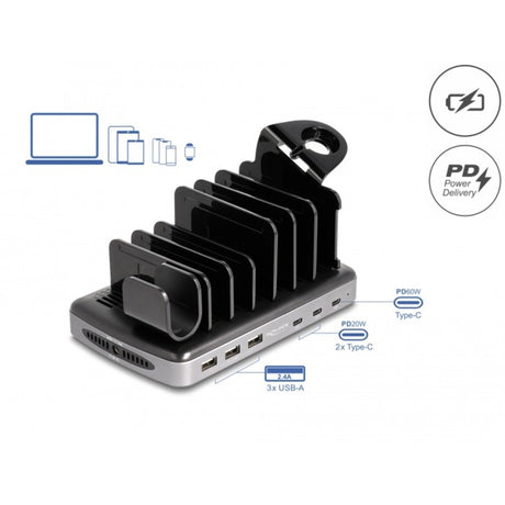 Delock Station de recharge USB avec 3 x USB Type-C PD + 3 x USB Type-A (112 W) (gris noir)
