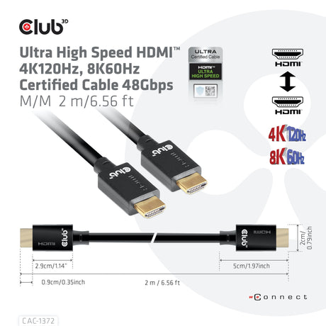Câble certifié HDMI 2.1 ultra haut débit Club 3D mâle-mâle (noir, 2 mètres, 4K 120Hz, 8K 60Hz, 48Gbps)
