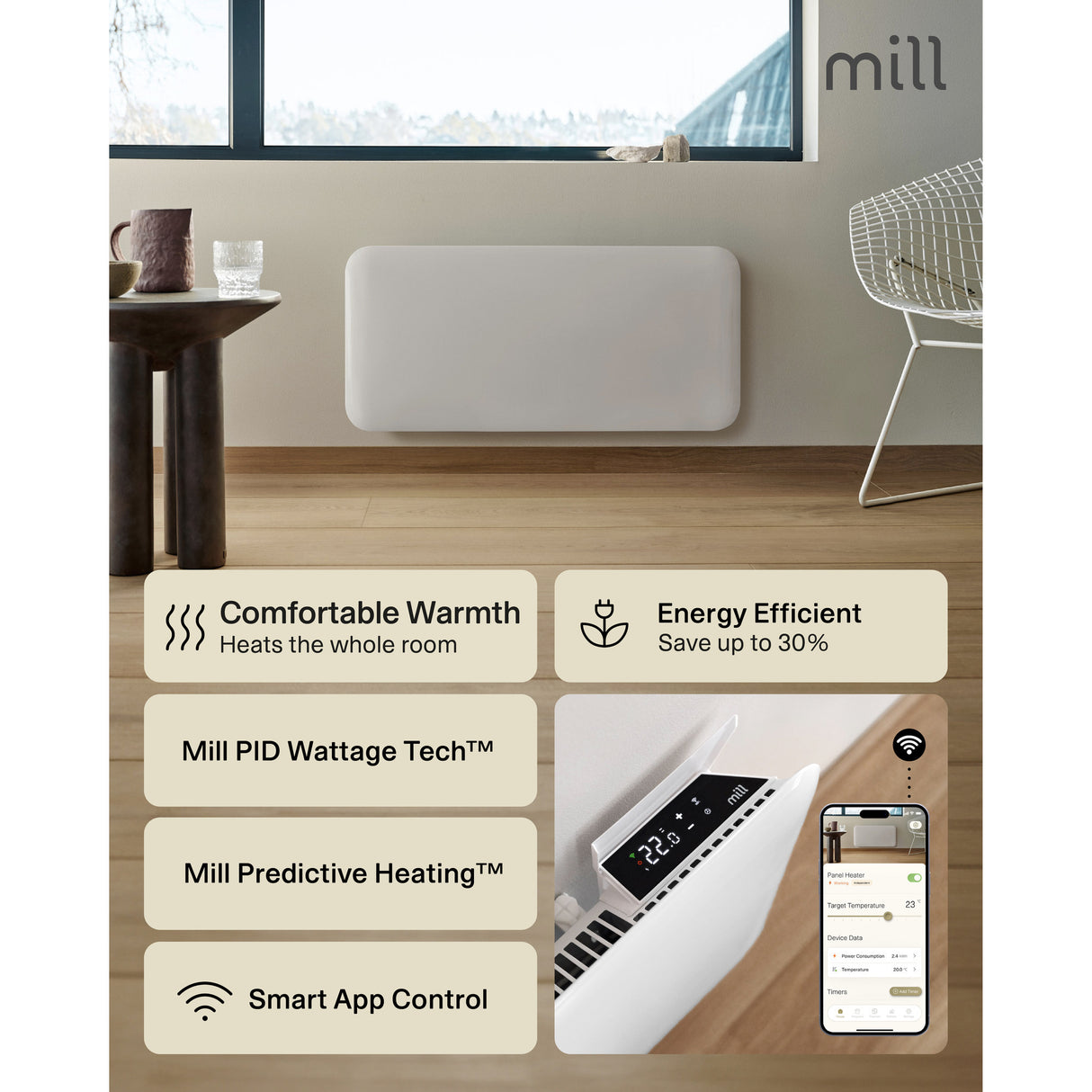 Panneau chauffant wifi Mill steel pa1300wifi4, convecteur 1300 watts (blanc, wifi 2,4 ghz (wifi 6), bluetooth 5.2, zigbee 3.0 + app)