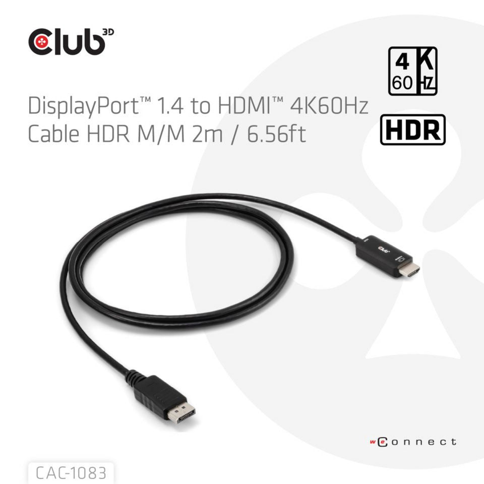 Câble adaptateur Club 3D DisplayPort 1.4 vers HDMI 4K60 Hz (noir, HDR M M 2 m)
