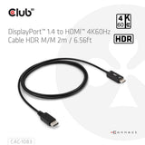 Câble adaptateur Club 3D DisplayPort 1.4 vers HDMI 4K60 Hz (noir, HDR M M 2 m)