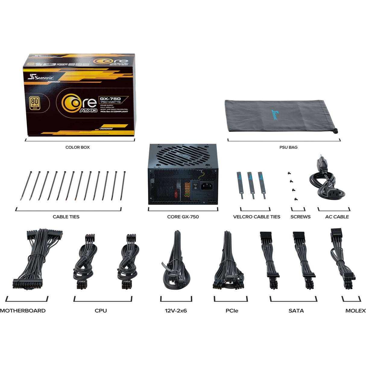 Alimentation modulaire Seasonic core gx-750-v2 atx3.1 de 750 watts (noir, 1x 12v-2x6, 2x pcie)