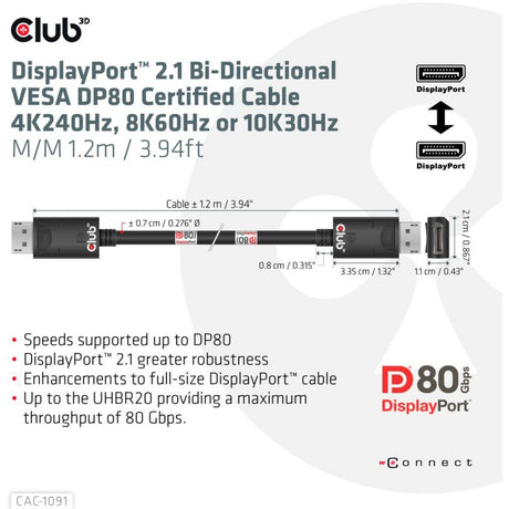 Club 3D DisplayPort 2.1 Câble certifié Vesa DP80 mâle-mâle (noir, 1,2 mètre, 4K 240 Hz, 8K 60 Hz, 80 Gbit/s)