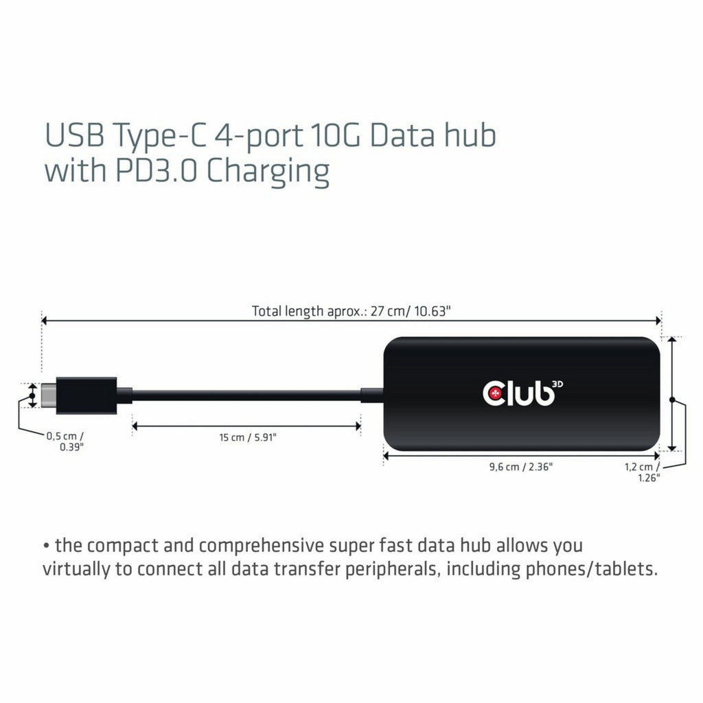 Hub de données Club 3D USB-C 4 ports 10G avec hub USB PD3.0 (noir)