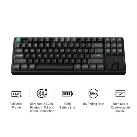Keychron k8 ultra 8k wireless custom mechanical keyboard (zwart, us lay-out (qwerty), apex red, 80% (tkl), rgb leds, osa double-shot pbt, usb-c | 2.4 ghz | bluetooth 5.2)
