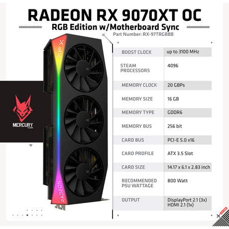 Carte graphique XFX Radeon RX 9070 XT Quicksilver (noir, RDNA4, GDDR6, 3x DisplayPort, 1x HDMI 2.1)