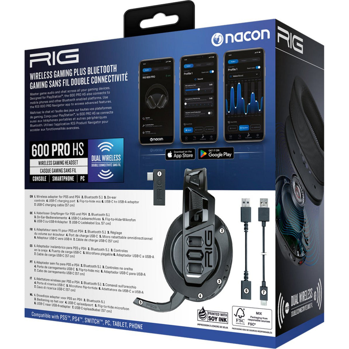 Casque de jeu supra-auriculaire Nacon rig 600 pro hs (noir, playstation 5, playstation 4, windows, nintendo switch, android, ios)
