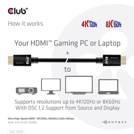 Câble HDMI 2.1 mâle-mâle ultra haut débit Club 3D (noir, 4 mètres, 4K 120 Hz, 8K 60 Hz, 48 Gbps)