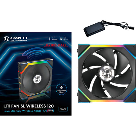 Lian Li Uni Fan SL120 Ventilateur de boîtier RVB à lame inversée sans fil (Noir, 120 x 124,5 x 28 mm, PWM)
