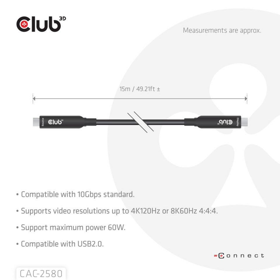 Câble USB-C complet Club 3D, 15 m (noir, 8k60hz 10gbps 60w)