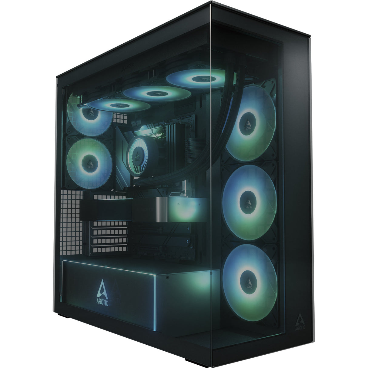Boîtier tour midi Arctic xtender (noir (mat) | 2x USB-A | 1x USB-C | RVB | verre trempé)