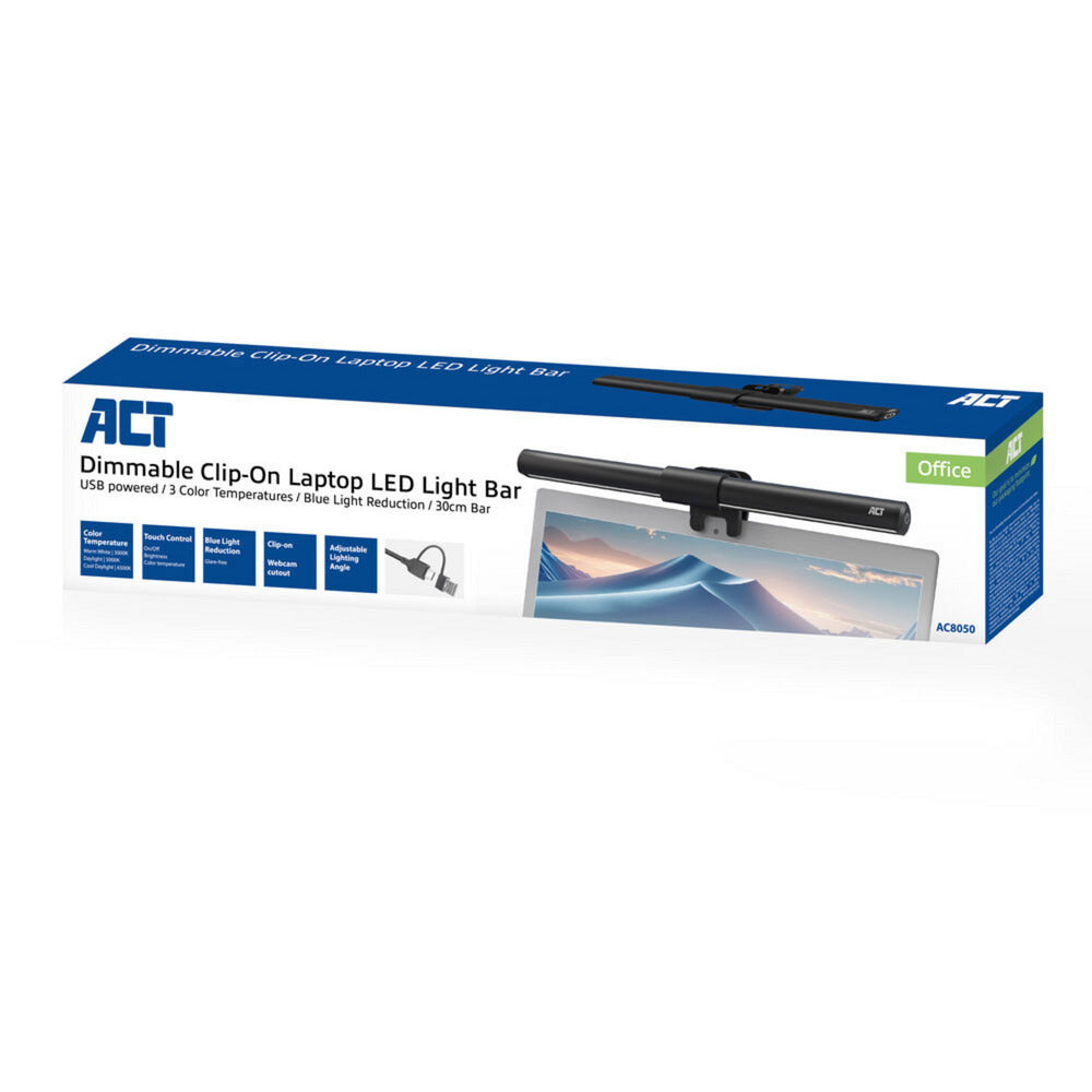 Act Connectivity Barre lumineuse LED à clipser pour ordinateur portable à intensité variable (noir, alimenté par USB, 3000 K-6500 K)